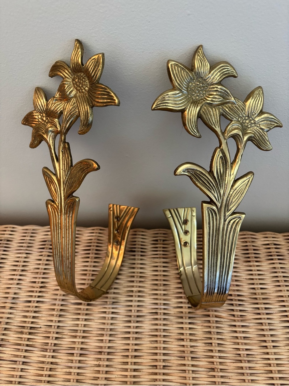Vintage solid brass Floral Curtain Holdbacks - Decorative Wall Hooks